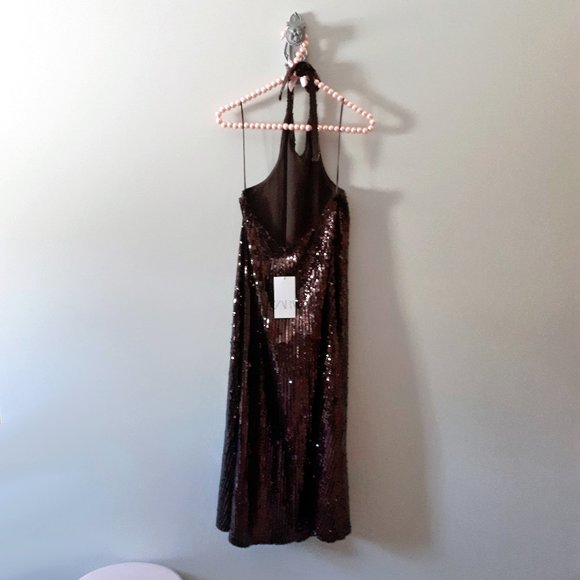 Zara rich brown sequin halter long dress, S - Picture 8 of 12